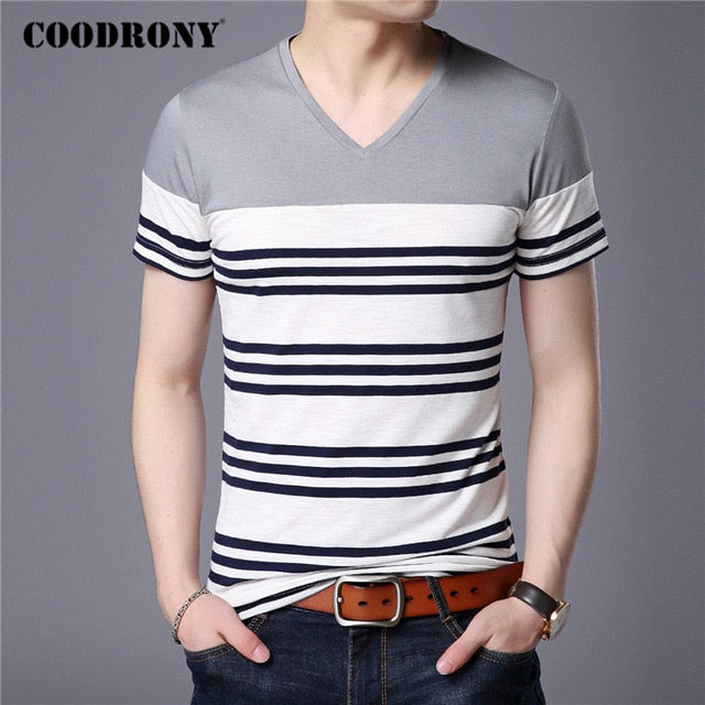 COODRONY Short Sleeve T Shirt Men Streetwear Fashion Striped Tops Casual V-Neck T-Shirt Man Summer Cotton Tee Shirt Homme C5086S - Kokadoshop