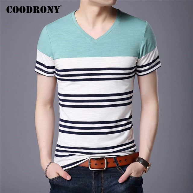 COODRONY Short Sleeve T Shirt Men Streetwear Fashion Striped Tops Casual V-Neck T-Shirt Man Summer Cotton Tee Shirt Homme C5086S - Kokadoshop