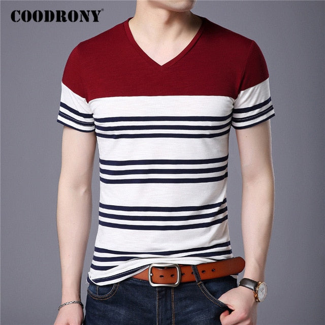 COODRONY Short Sleeve T Shirt Men Streetwear Fashion Striped Tops Casual V-Neck T-Shirt Man Summer Cotton Tee Shirt Homme C5086S - Kokadoshop