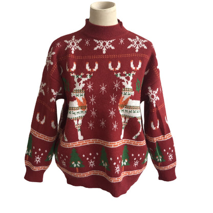 Women's Fashion Christmas Theme Elk Snowflake Christmas Tree Knitted Sweater