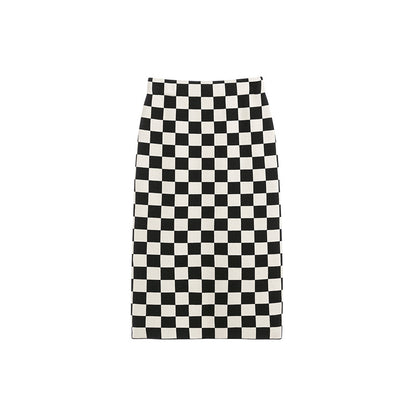 Chessboard Plaid Knitted Skirt Women's Autumn And Winter Korean Style