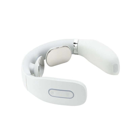 White neck massager with curved collar, central rollers, and control button