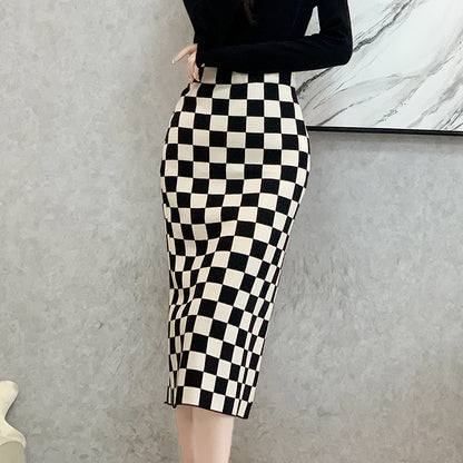 Chessboard Plaid Knitted Skirt Women's Autumn And Winter Korean Style