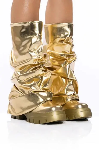 Round Head Metal Patent Leather Fashion Pants Pipe Boots - Image #5