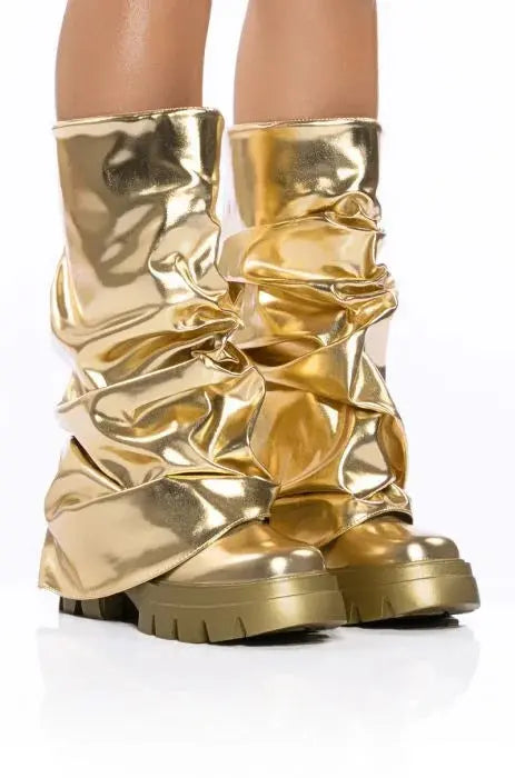 Round Head Metal Patent Leather Fashion Pants Pipe Boots - Image #9