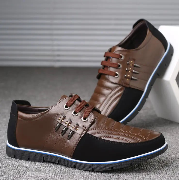 Men's Leather Shoes Korean Casual Leather Shoes First Layer Cowhide Three-color Lace Round Head Hollow Dress Youth Shoes - Image #5