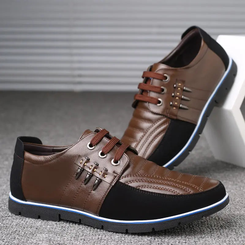 Men's Leather Shoes Korean Casual Leather Shoes First Layer Cowhide Three-color Lace Round Head Hollow Dress Youth Shoes - Image #2