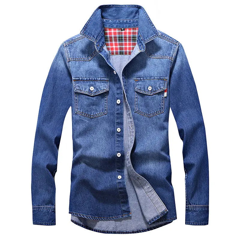 Denim Shirt Men Cotton Jeans Shirt Fashion Autumn Slim Long Sleeve Cowboy Shirt Stylish Wash Slim Tops Asian Size 3XL - Image #1