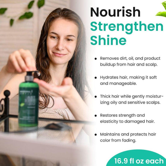 Tea tree oil shampoo and conditioner bottles, green label, pump tops