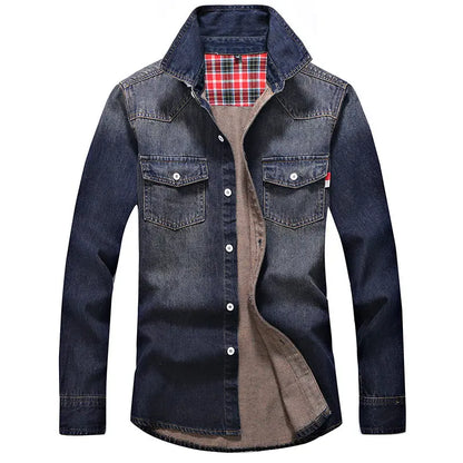 Denim Shirt Men Cotton Jeans Shirt Fashion Autumn Slim Long Sleeve Cowboy Shirt Stylish Wash Slim Tops Asian Size 3XL - Image #5