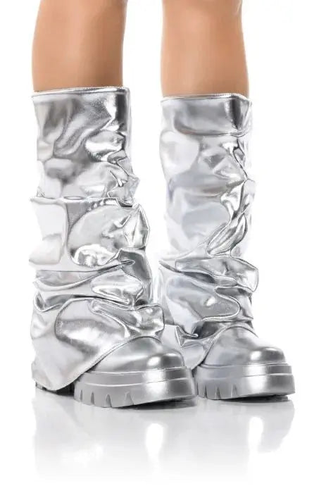 Round Head Metal Patent Leather Fashion Pants Pipe Boots - Image #6