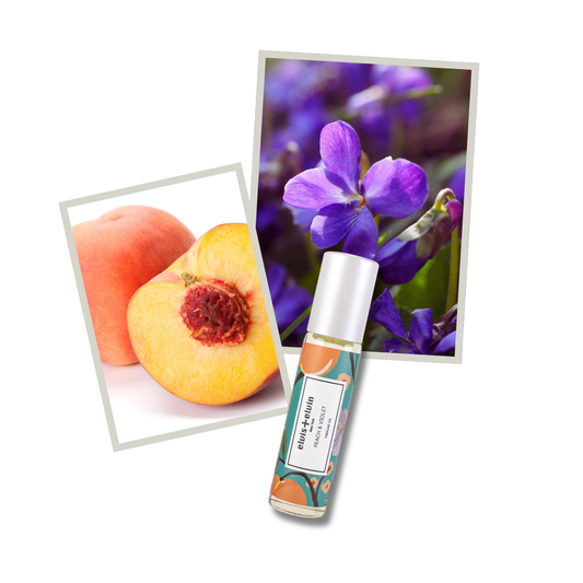 elvis+elvin Peach & Violet perfume oil bottle, teal label and silver cap