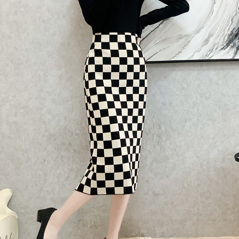 Chessboard Plaid Knitted Skirt Women's Autumn And Winter Korean Style