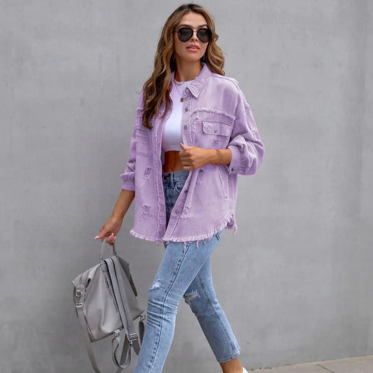 Fashion Ripped Shirt Jacket Female Autumn And Spring Casual Tops Womens Clothing - Image #1