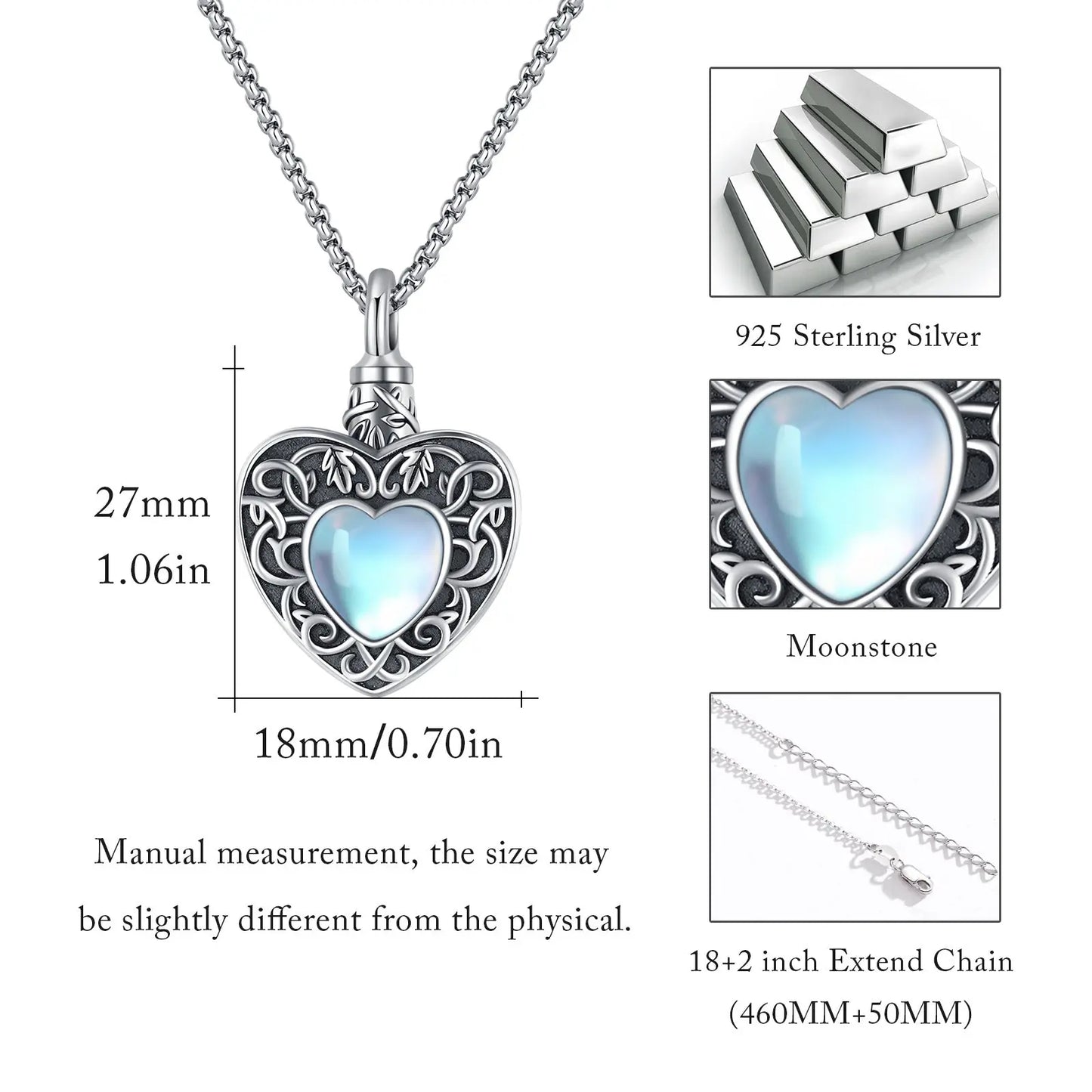 Heart Urn Necklace 925 Silver Moonstone Ashes Necklace Cremation Jewelry - Image #5