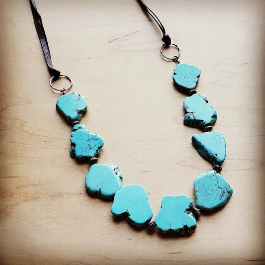 Turquoise slab stone western necklace with black leather ties, scalloped pendant beads