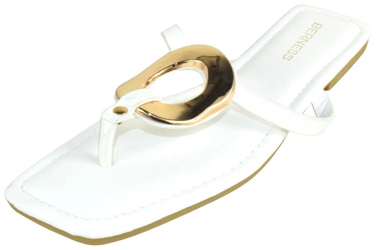 White thong sandals with gold-tone buckle detail and open toe