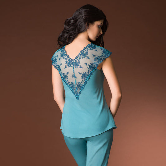 Turquoise sheer lace pajama top, short sleeves, back V yoke with floral embroidery