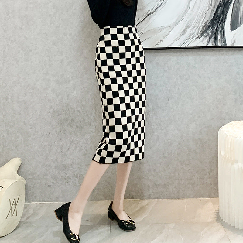 Chessboard Plaid Knitted Skirt Women's Autumn And Winter Korean Style