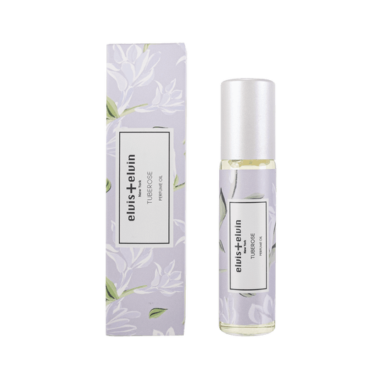 Perfume oil roller bottle with silver cap and lavender floral box