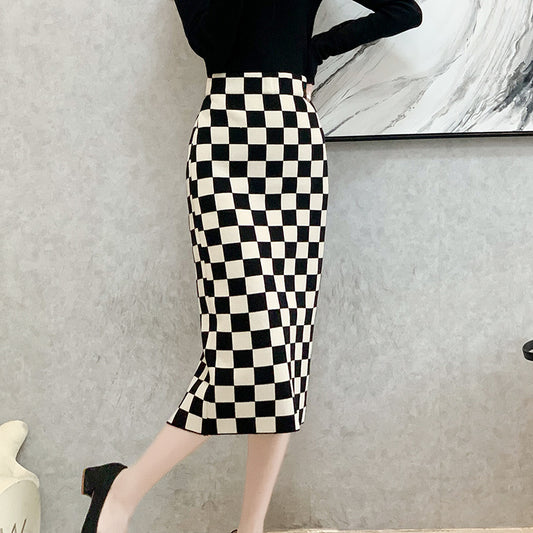 Chessboard Plaid Knitted Skirt Women's Autumn And Winter Korean Style