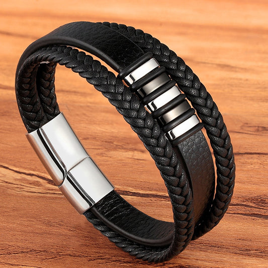 Fashion Stainless Steel Charm Magnetic Black Men Bracelet Leather Genuine Braided Punk Rock Bangles Jewelry Accessories Friend - Kokadoshop