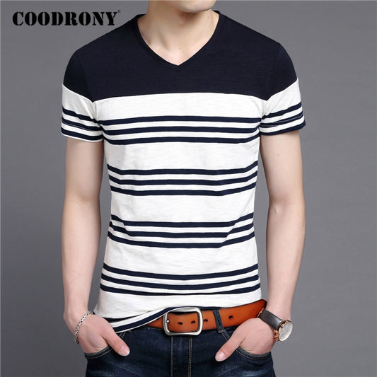 COODRONY Short Sleeve T Shirt Men Streetwear Fashion Striped Tops Casual V-Neck T-Shirt Man Summer Cotton Tee Shirt Homme C5086S - Kokadoshop