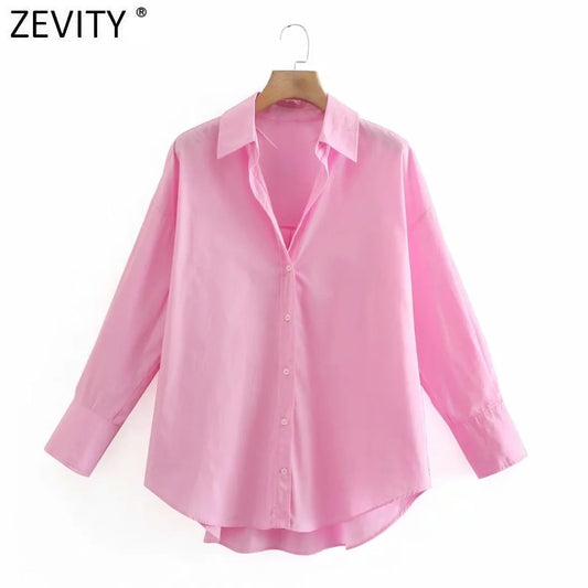 Zevity New Women Simply Candy COlor Single Breasted Poplin Shirts Office Lady Long Sleeve Blouse Roupas Chic Chemise Tops LS9114 - Kokadoshop