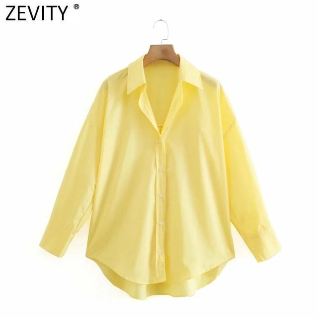 Zevity New Women Simply Candy COlor Single Breasted Poplin Shirts Office Lady Long Sleeve Blouse Roupas Chic Chemise Tops LS9114 - Kokadoshop