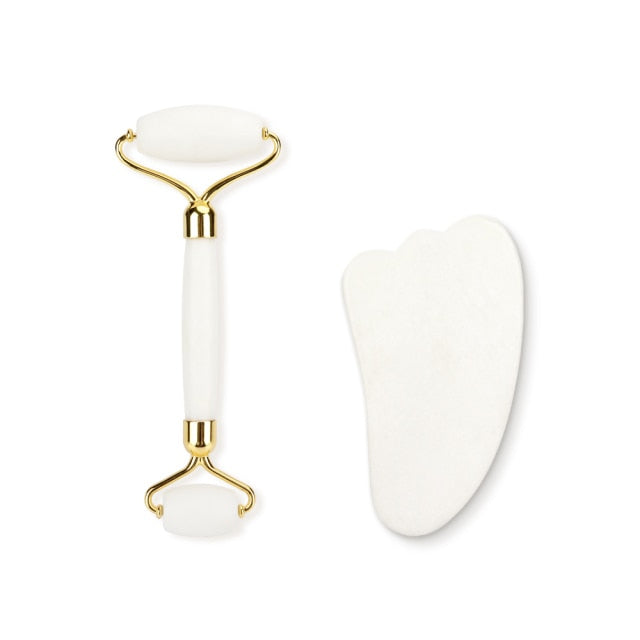 Genuine Jade Stone Massage Natural Quartz Scraper Jade Roller Gua Sha Set White Face Lifting Facial Massager Tool for Back Neck - Kokadoshop