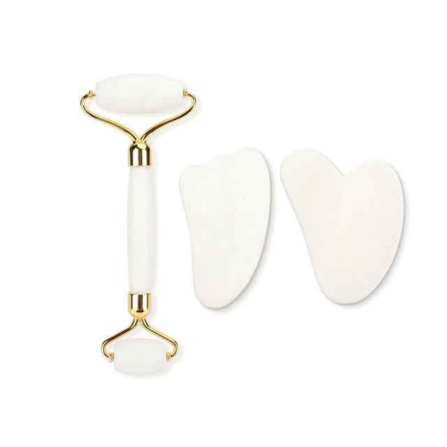 Genuine Jade Stone Massage Natural Quartz Scraper Jade Roller Gua Sha Set White Face Lifting Facial Massager Tool for Back Neck - Kokadoshop