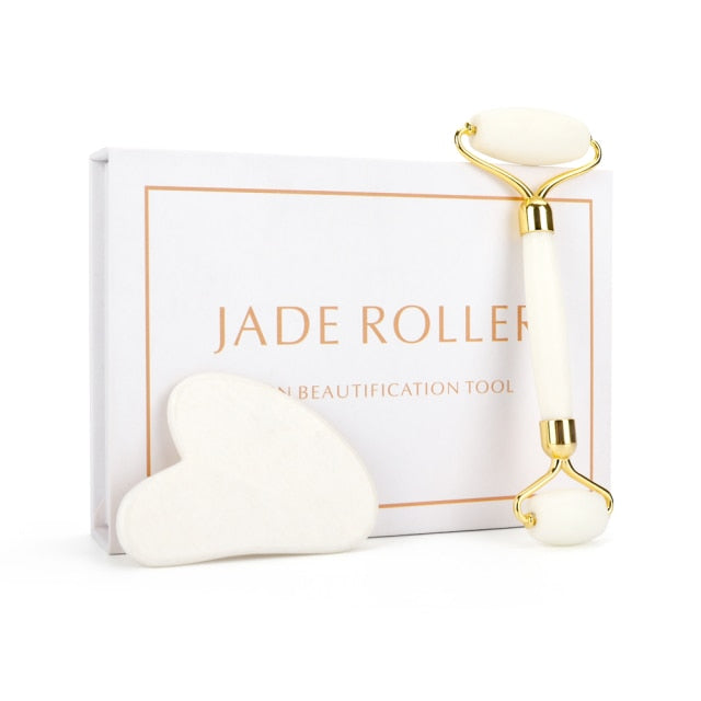 Genuine Jade Stone Massage Natural Quartz Scraper Jade Roller Gua Sha Set White Face Lifting Facial Massager Tool for Back Neck - Kokadoshop