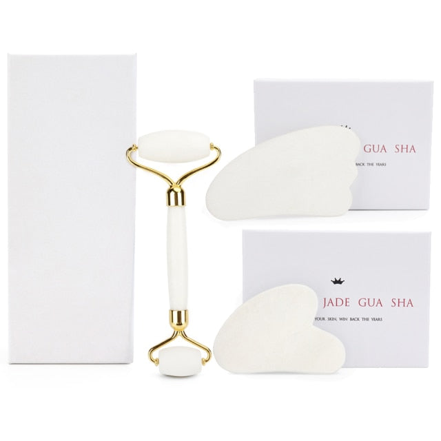 Genuine Jade Stone Massage Natural Quartz Scraper Jade Roller Gua Sha Set White Face Lifting Facial Massager Tool for Back Neck - Kokadoshop