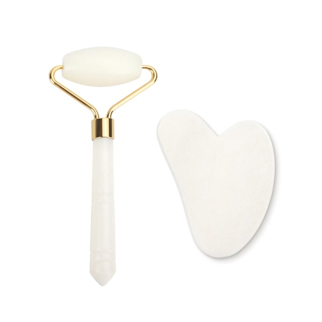 Genuine Jade Stone Massage Natural Quartz Scraper Jade Roller Gua Sha Set White Face Lifting Facial Massager Tool for Back Neck - Kokadoshop