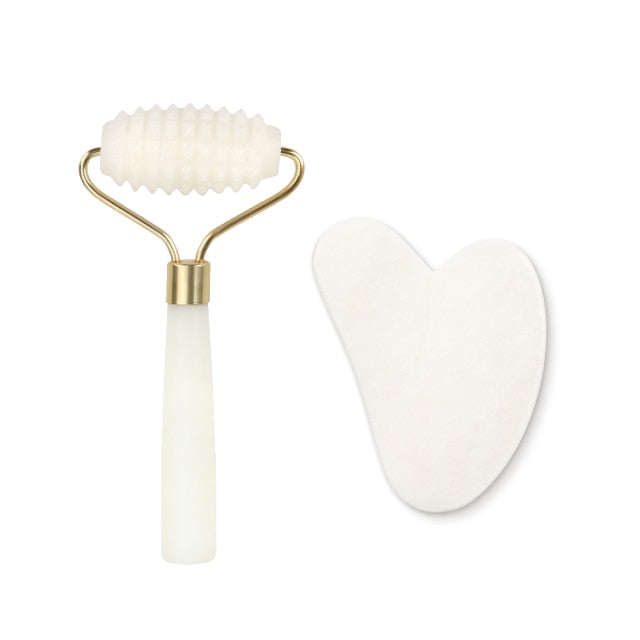 Genuine Jade Stone Massage Natural Quartz Scraper Jade Roller Gua Sha Set White Face Lifting Facial Massager Tool for Back Neck - Kokadoshop