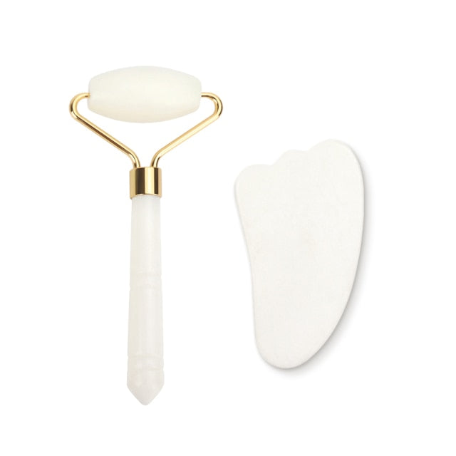 Genuine Jade Stone Massage Natural Quartz Scraper Jade Roller Gua Sha Set White Face Lifting Facial Massager Tool for Back Neck - Kokadoshop