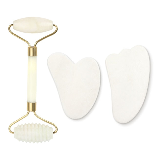 Genuine Jade Stone Massage Natural Quartz Scraper Jade Roller Gua Sha Set White Face Lifting Facial Massager Tool for Back Neck - Kokadoshop